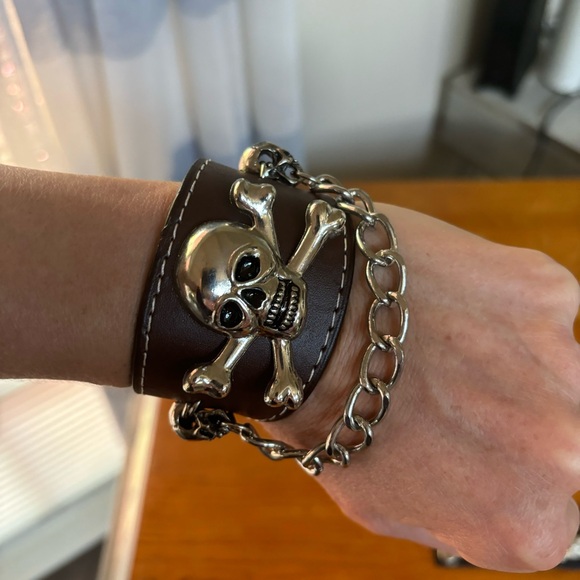 Moto motorcycle MC Gothic goth, emo punk raver bracelet, authentic brown leather - Picture 5 of 5